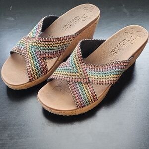 Skechers Multicolor Woven Cork Wedge Slide Mules